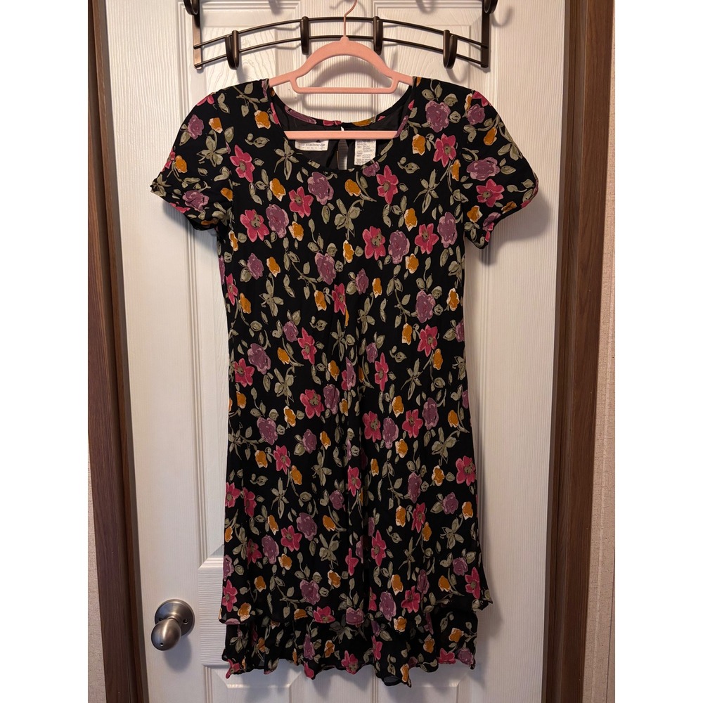 Liz Claiborne Vintage 90s Floral Rayon Tiered Ruffle Hem Shift Dress Black Sz 8